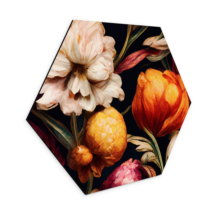 Hexagon Wandbild - Blütenkelche in Ocker und Pink - Alu-Dibond - Treechild - WA394675