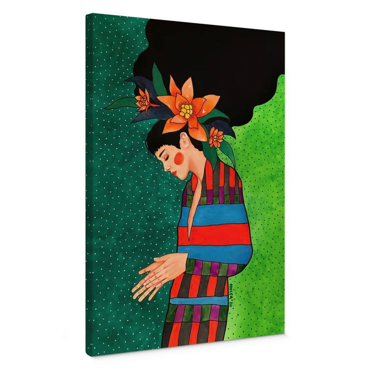 Leinwandbild Frau im Streifenkleid mit orangen Blüten - Hülya - WA496576