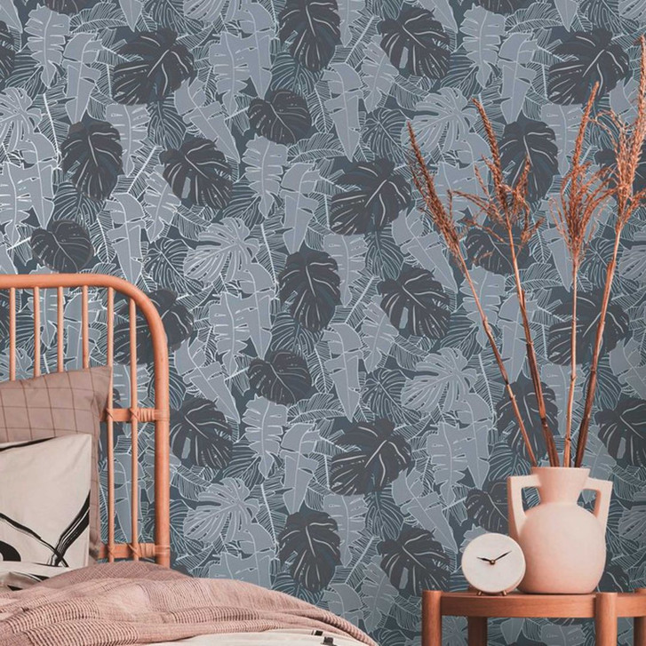 Palmentapete Grau Anthrazit - Vliestapete Dschungel - Designer Tapete Palmenblätter - WA506454