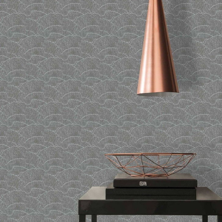 Tapete mit Grafik Wellenmuster Schwarz Silber - Vliestapete Metallic-Effekt - WA396469