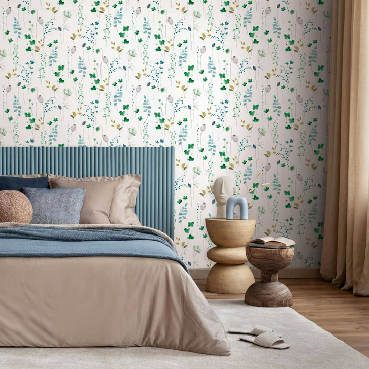 Vliestapete Blätter, Äste Floral Natur matt in Weiss Grün - WA497752