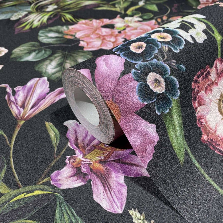 Vliestapete mit Blumenmotiv und Blättern schwarz, rosa Floral - WA508502