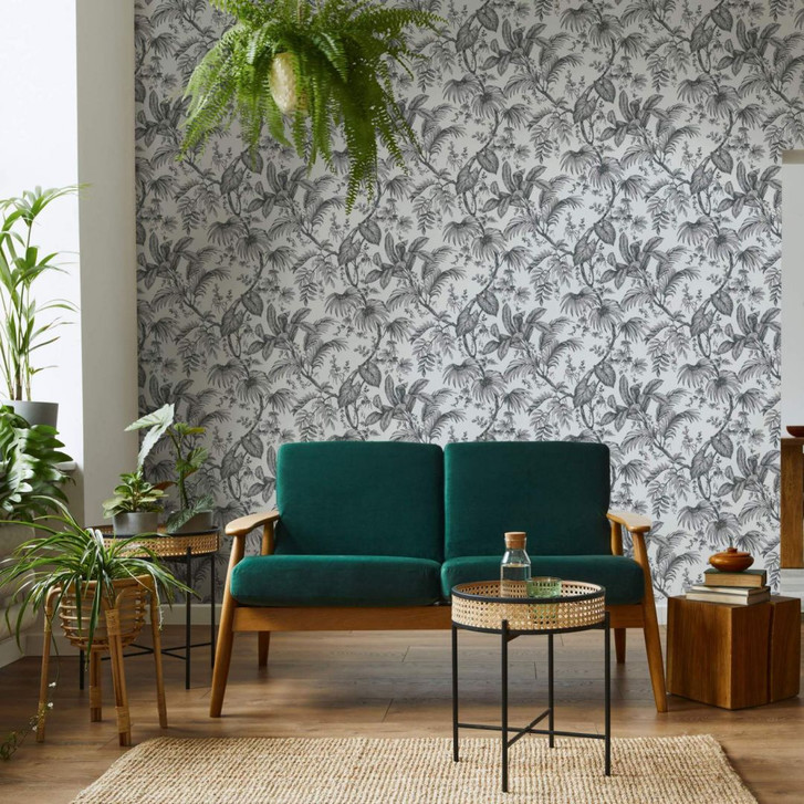 Vliestapete mit Pflanzen im Dschungel-Style weiss, schwarz Floral - WA451296