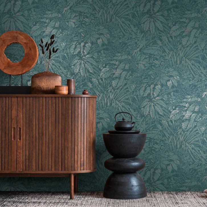 Dschungel-Tapete in Blautönen - Vlies mit feiner Textur - Wanddekoration - WA397003