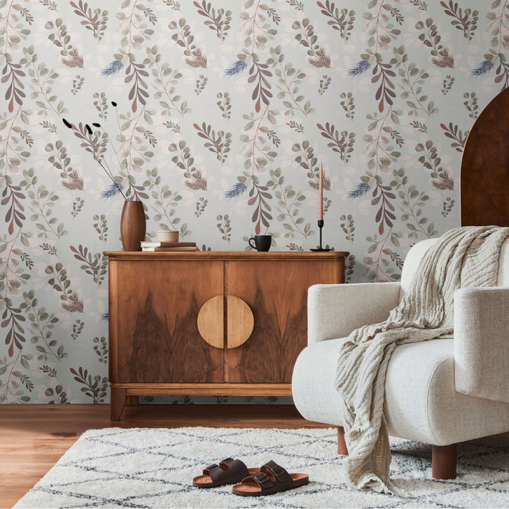 Florale Tapete Grau Rosa – Zweige & Blätter Aquarelloptik – Vliestapete modern - WA459162