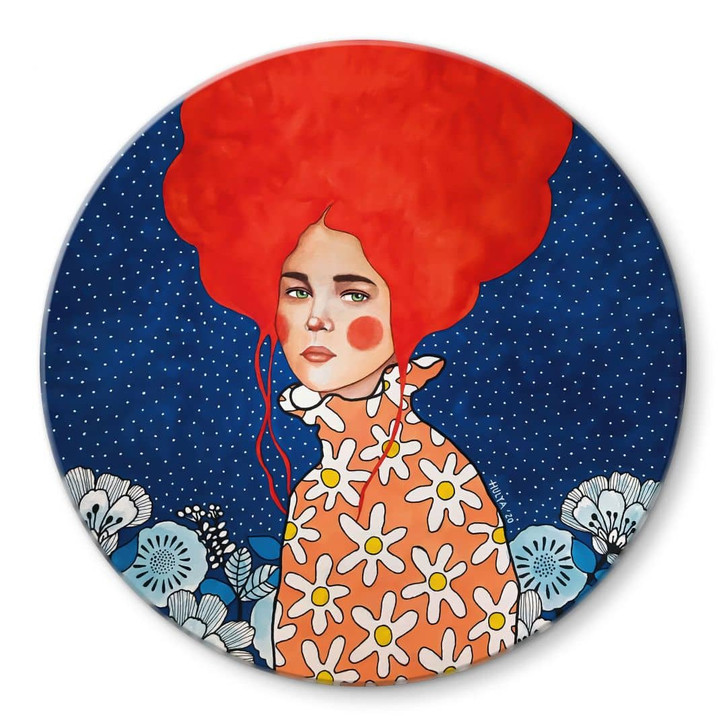 Glasbild Frau mit rotem Haar und Blüten - Hülya - Rund - WA495091
