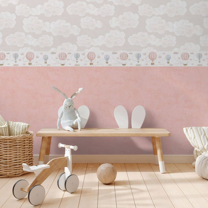 Heissluftballon-Borte Rosa Blau Beige - Kinderzimmer Bordüre mit Wimpeln - WA465354