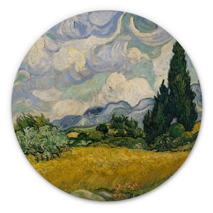 Holzbild van Gogh - Weizenfeld mit Zypressen - Rund - WA401250