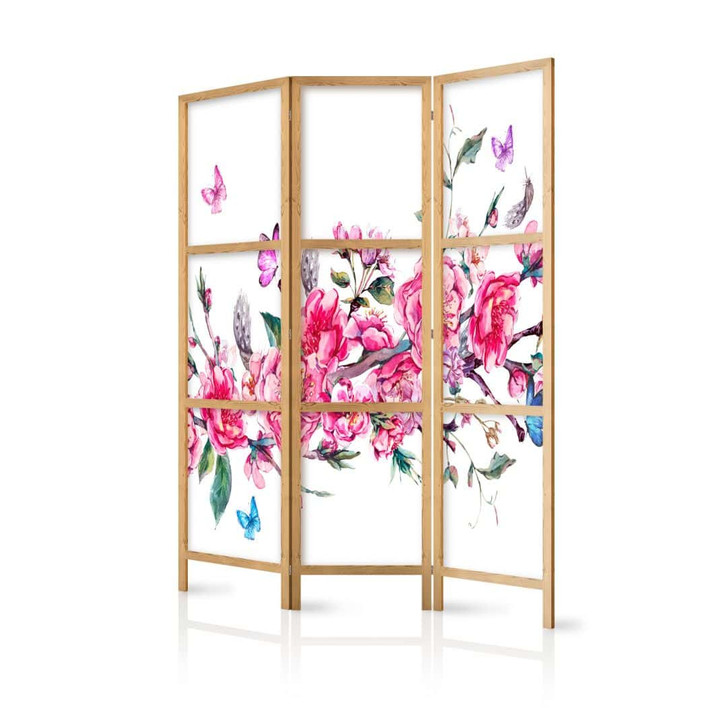 Japanischer Paravent, Raumteiler freistehend, Trennwand - Japanischer Stil: Blumen und Schmetterlinge - WA455253