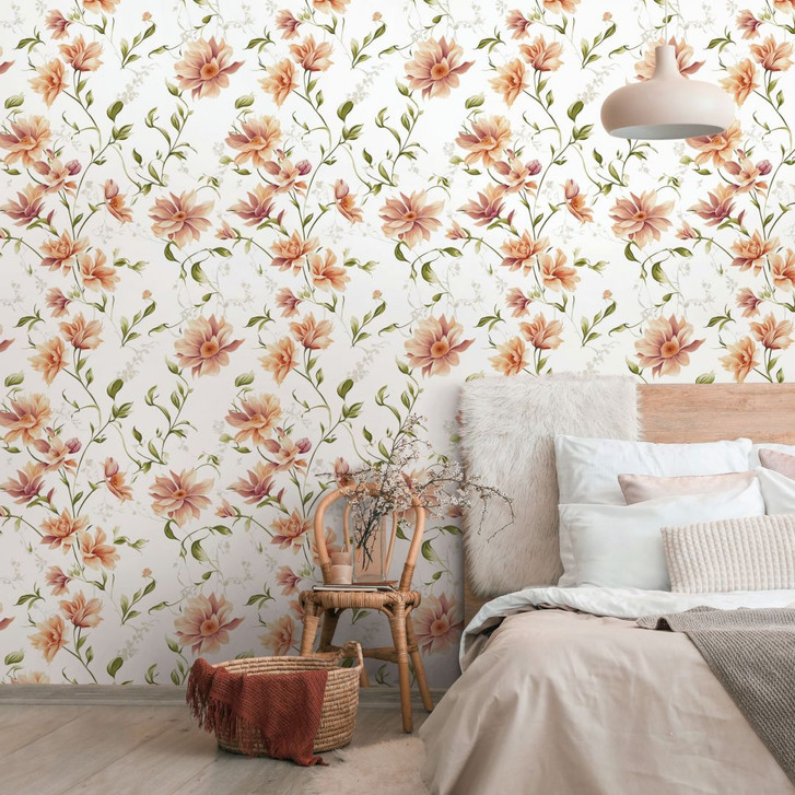 Vliestapete Blumen, Blätter Floral Natur matt in Weiss Orange - WA508965