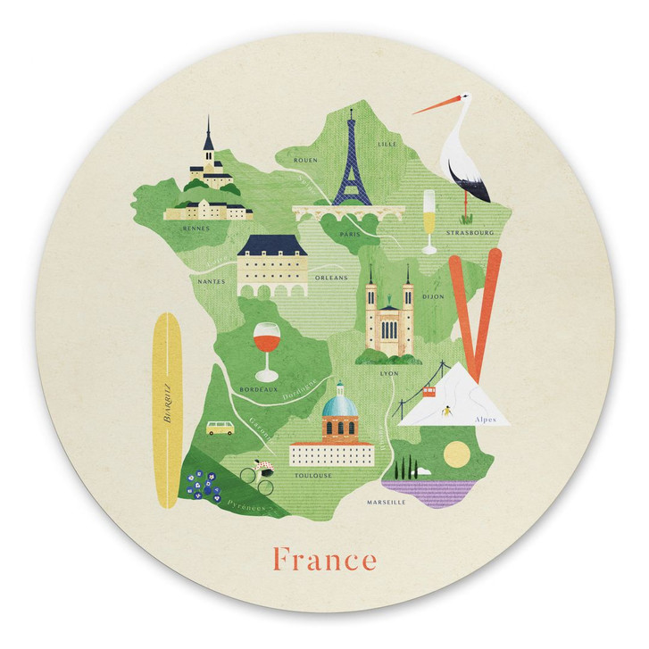 Wandbild Karte von Frankreich - Rivers - Rund - Alu-Dibond - WA422830
