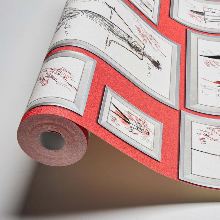 Karl Lagerfeld Wallpaper Vliestapete Sketch grau, metallic, rot - WA306689