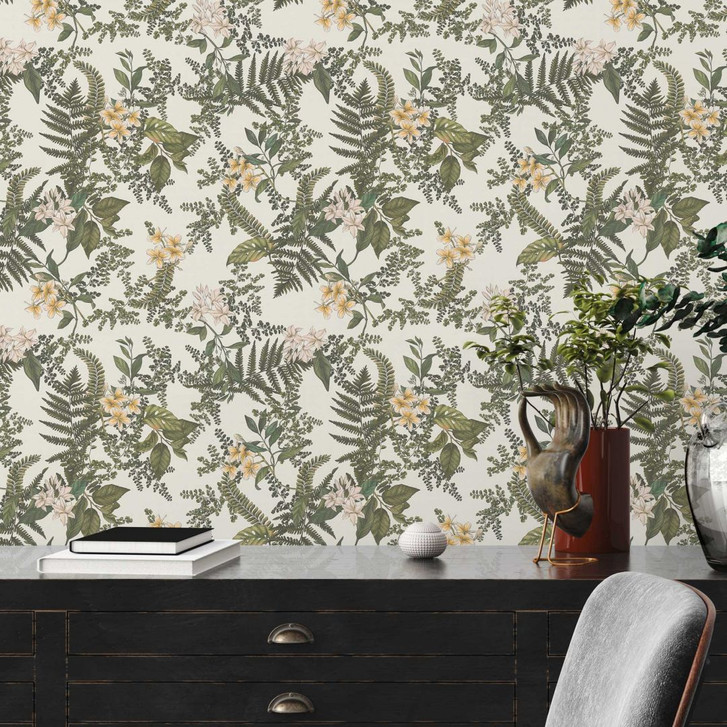 Pflanzen-Tapete mit Blüten Weiss Grün - Vliestapete mit Blumen floral - WA396750