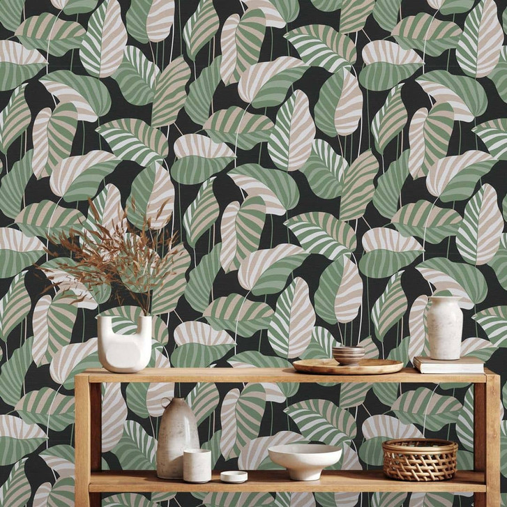 Tapete Blätter Grün Schwarz - Pflanzen Vliestapete floral modern - WA396406