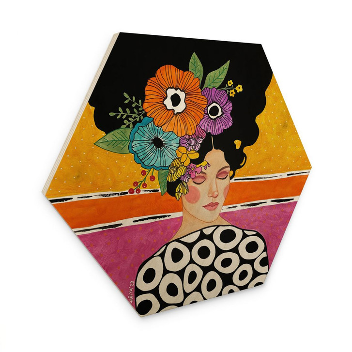Hexagon Holzbild Frau mit bunter Blumenkrone - Hülya - WA495422