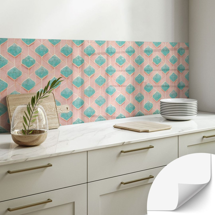 Selbstklebende Küchenrückwand Rautenmuster in türkis und rosa - Treechild - WA428969
