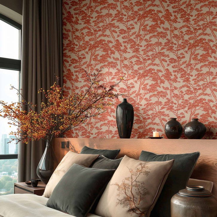 Vliestapete Lin Zen Branches beige rot metallic asiatisch - orange Bäume Waldtapete Äste - WA506795
