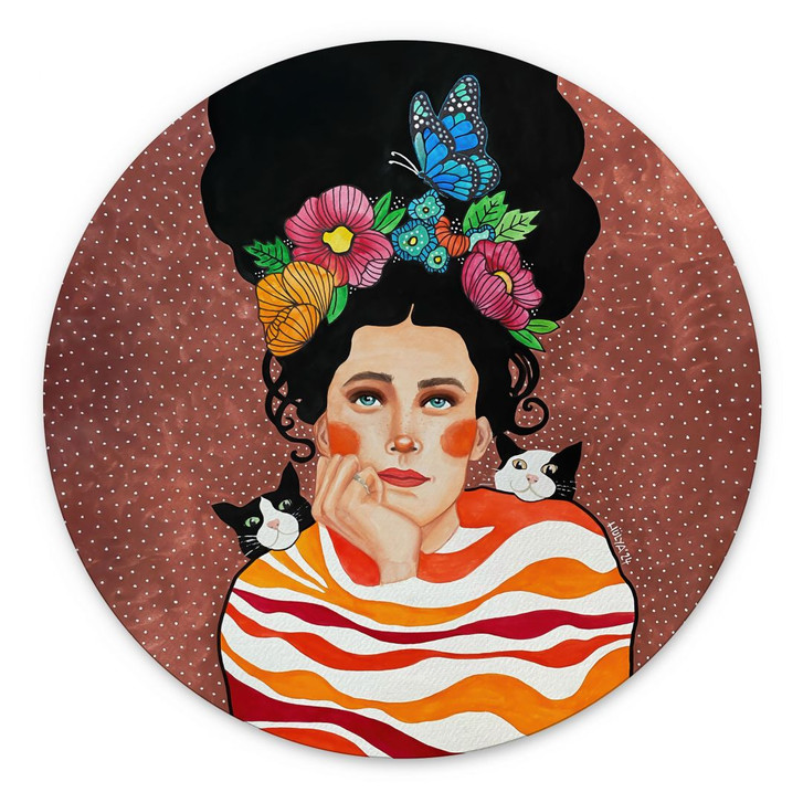 Wandbild Frau mit Blumenkrone und Katzen - Hülya - Alu-Dibond Rund - WA491928