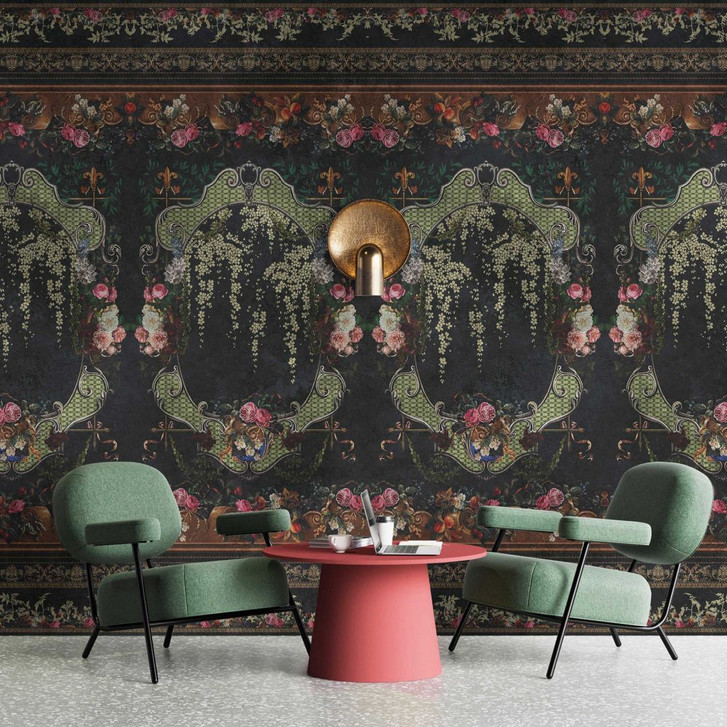 Fototapete Barocke Blumen- Rote Akzente auf Tiefschwarz - Vliestapete - WA386163