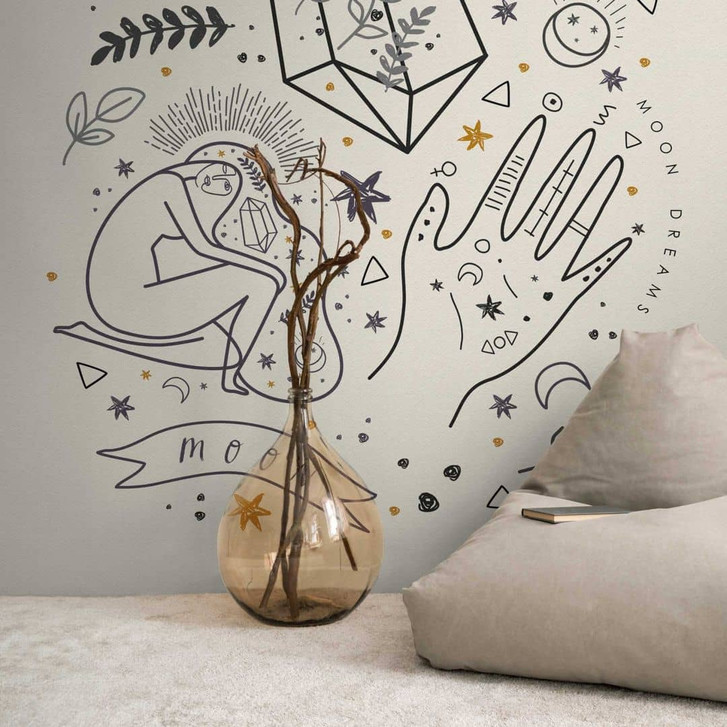 Esoterische Tapete mit Symbolen Beige Schwarz - Vliestapete Mond und Magie - Fototapete - WA418333