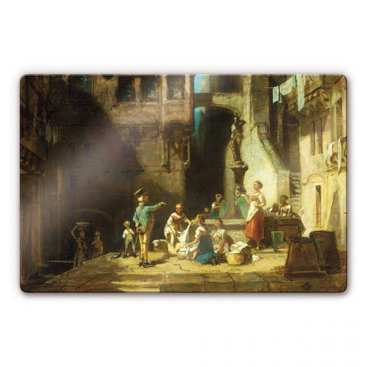 Glasbild Spitzweg - Wäscherinnen am Brunnen - WA127853