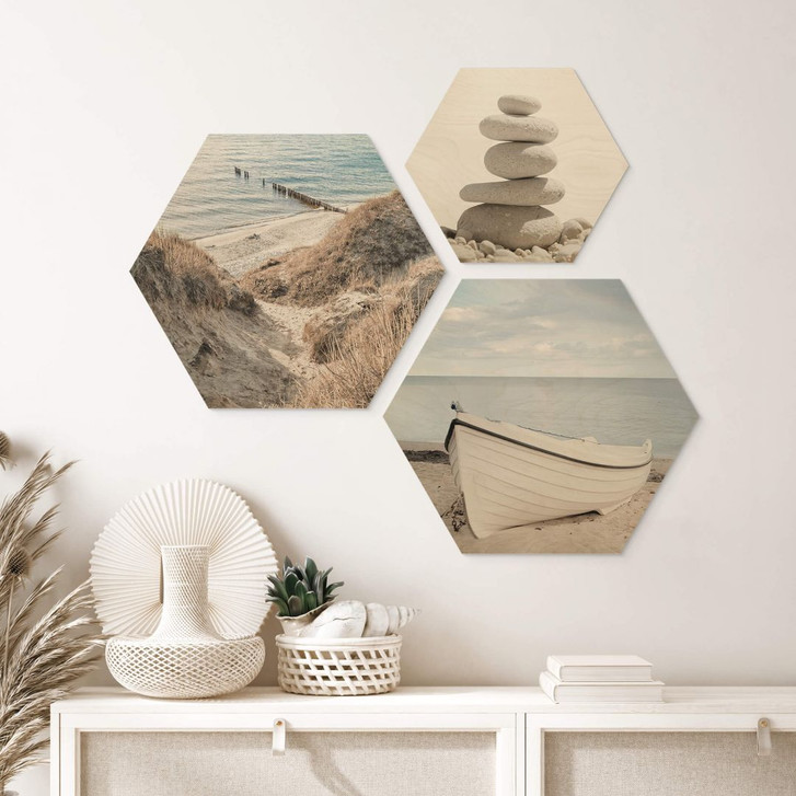 Hexagon Holzbild Dünen mit Meer, Ruderboot und Steinmännchen Set (3-teilig) - WA354457