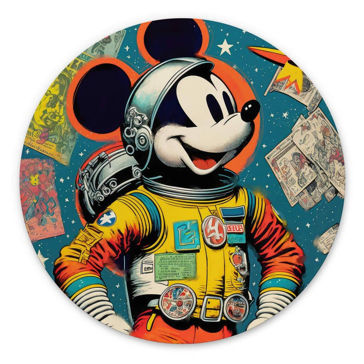 Rundes Wandbild Treechild - Mickey als Astronaut im Retro Stil - Alu-Dibond - WA394426