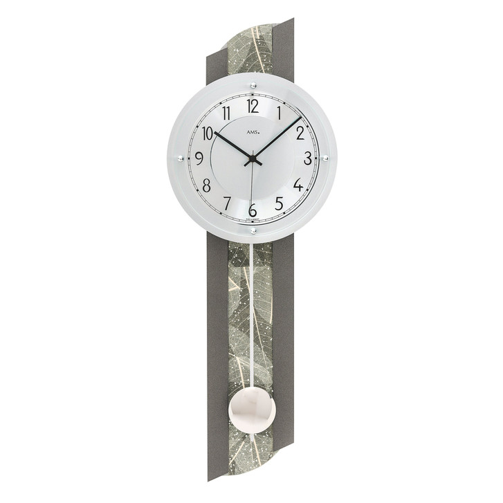 Funkwanduhr Pendeluhr Holzgehäuse anthrazitlackiert mit Natur-Baumblatteinlage mit Swarovski Glaskristalle - UG100878