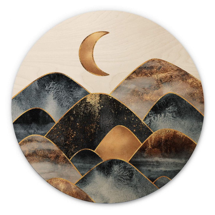 Holzbild Fredriksson - Berge im goldenen Mondlicht - Rund - WA355174