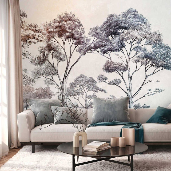 Fototapete Wald Bunt - Vliestapete mit Baumillustration für Wohnzimmer & Schlafzimmer - WA418405