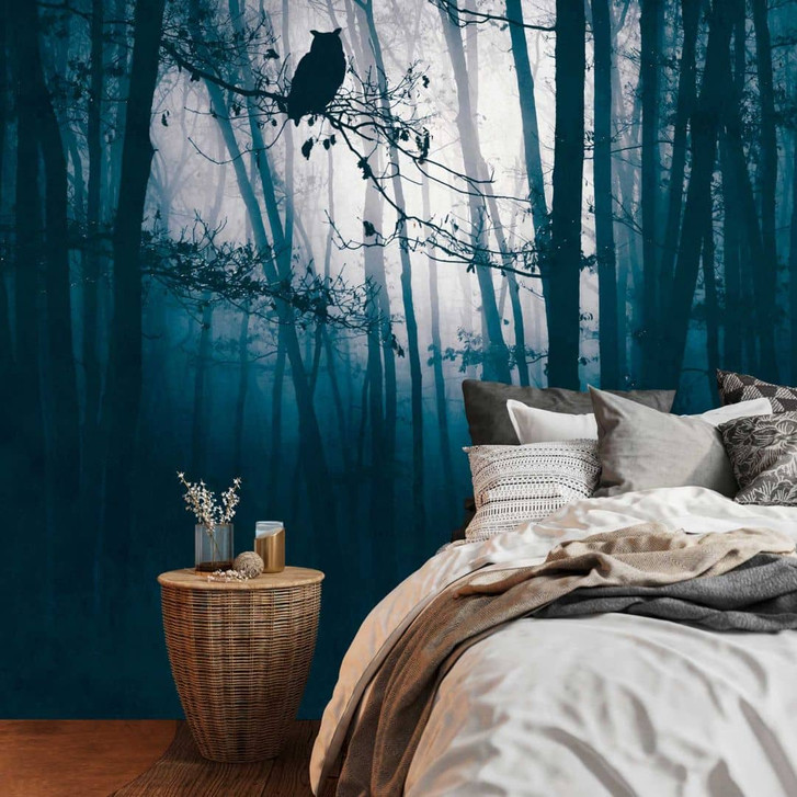 Fototapete Waldnacht Blau Schwarz - Vliestapete Eulenmotiv für Wohnzimmer & Schlafzimmer - WA418413