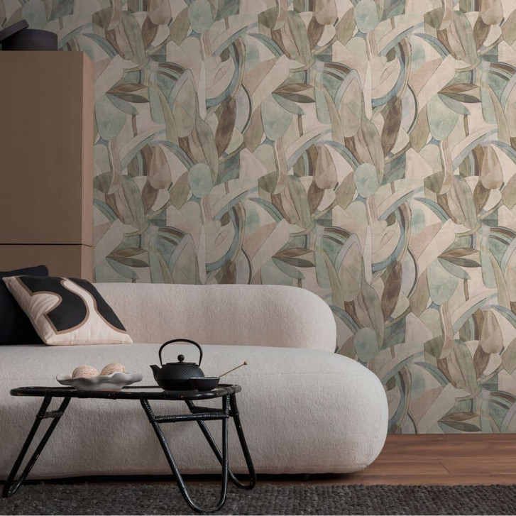 Abstrakte Blätter-Tapete in Beige Grün Blau – Sanfte Naturtöne – Vliestapete - WA459134