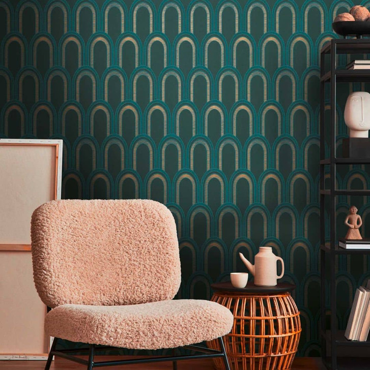 Mustertapete mit Bögen Art-Deco Style Grün Blau - Grafik-Tapete Retro-Look - WA415875
