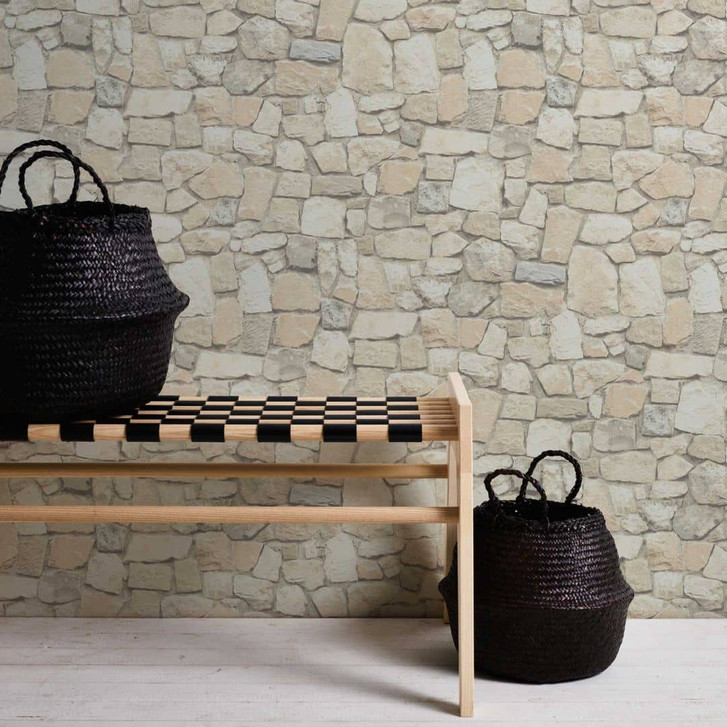 Selbstklebende Tapete & Möbelfolie - Steinwand - Steinoptik - beige, creme - Rolle 840x53 cm - WA418310