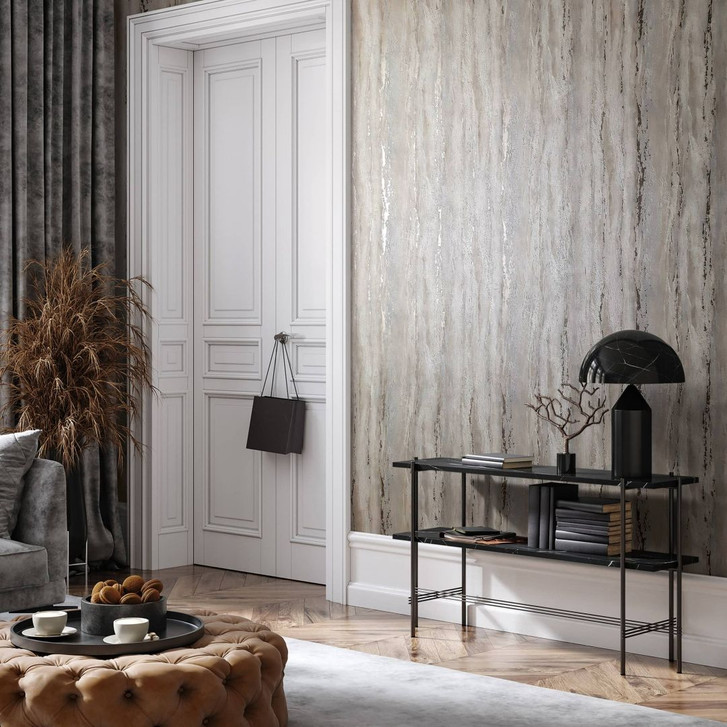 Vliestapete mit glänzender, grober Struktur beige, grau Putzoptik - WA450696