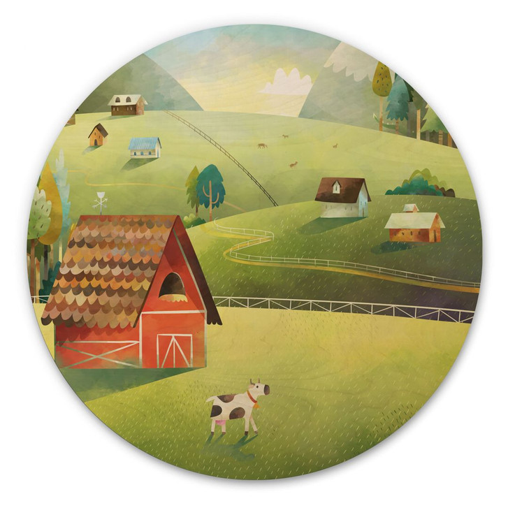 Holzbild Bunter Bauernhof in den Bergen - DigitalArtsi - Rund - WA487270