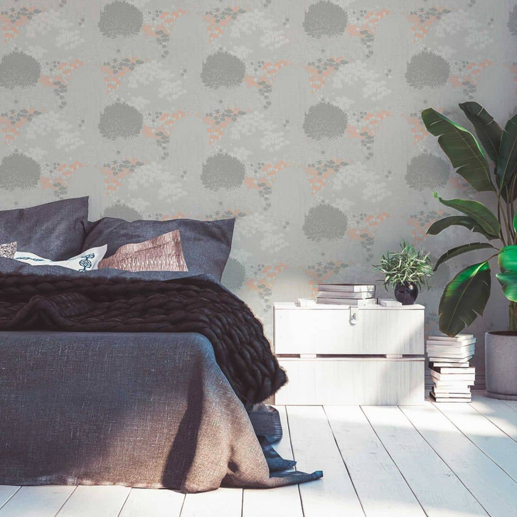 Mustertapete mit Wald-Muster Grau Weiss - Tapete mit Akzenten in Orange - WA396669
