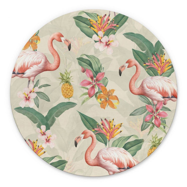 Wandbild Flamingo und tropische Blätter - Bloomery Decor - Alu-Dibond Rund - WA465042