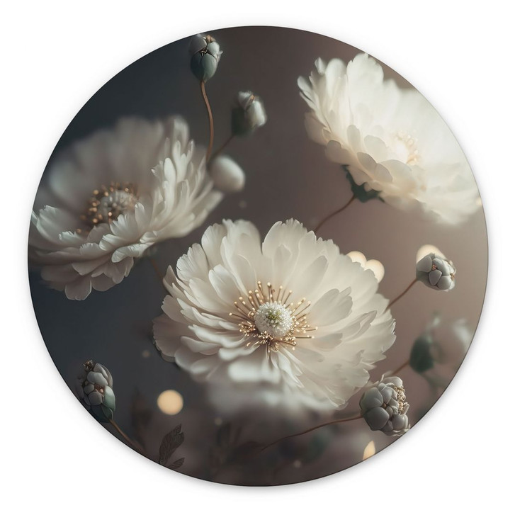 Wandbild Weisse Blumen mit Goldstaub - Treechild - Alu-Dibond Rund - WA492196