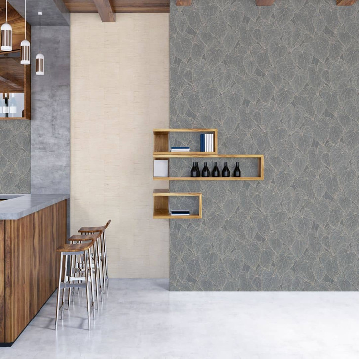 Blätter-Tapete Grau Silber – Tropisches Muster glänzend – Mustertapete - WA465441