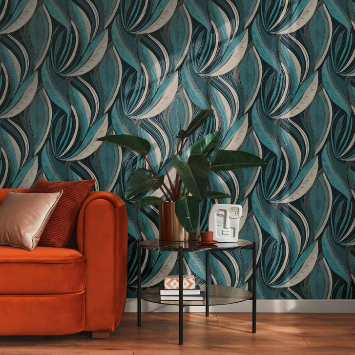 Dschungel-Tapete Blau Petrol Weiss – Moderne Blattoptik grafisch – Vliestapete - WA465650