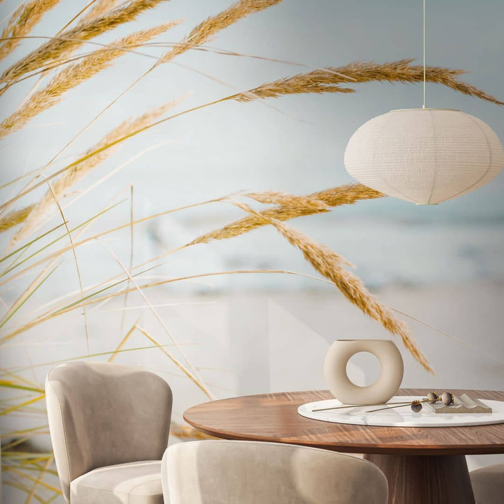 Strand-Fototapete mit Dünengras Hellblau Beige – 3.75 x 2.50 m – Vliestapete - WA505007