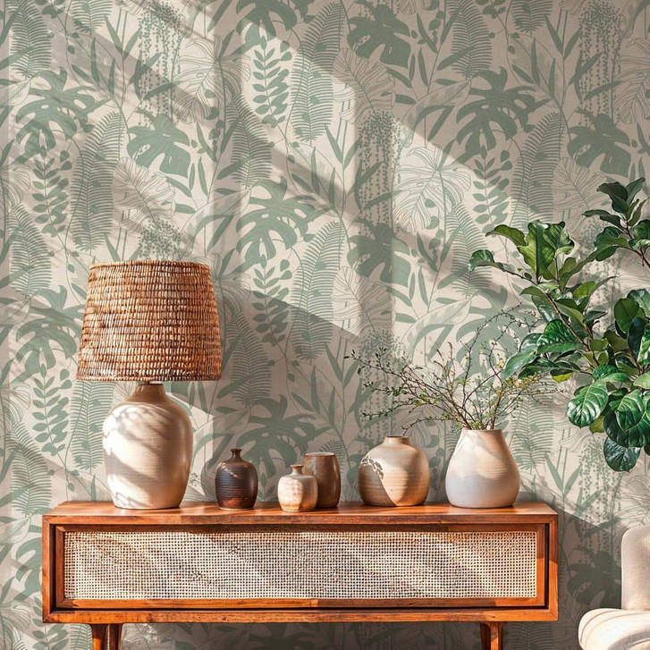 Vliestapete Palmenblätter grün creme grau metallic Tapete Wandtapete Natur - WA507000