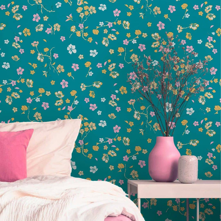 Florale Tapete Blau Grün - Vliestapete Natur - Blumentapete Design - WA395844