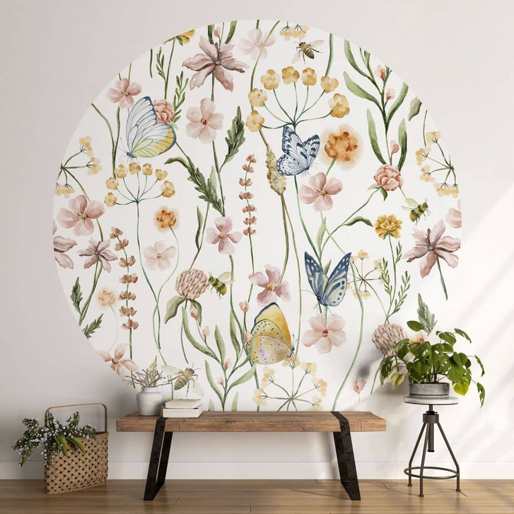 Fototapete Frühlingswiese mit Schmetterlingen - UN Designs - Rund - Selbstklebend/Vlies - WA399651