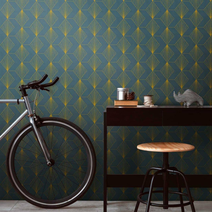 Geometrische Art Deco-Tapete Dunkelblau Gold - Mustertapete modern - Vliestapete - WA456524