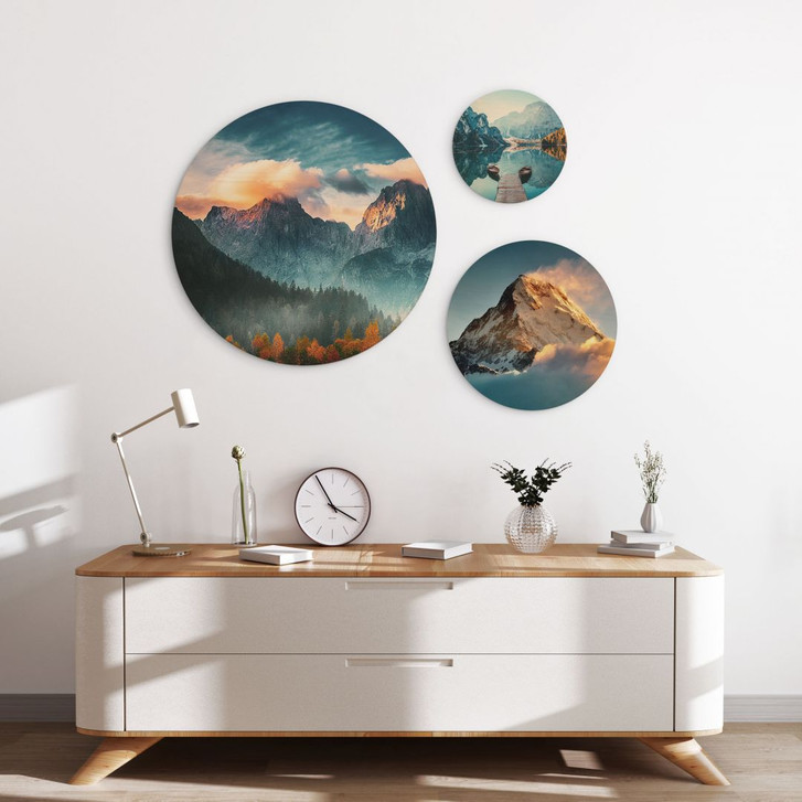 Holzbilder-Set Blick auf die ruhigen Berge (3-teilig) - Rund - WA432434