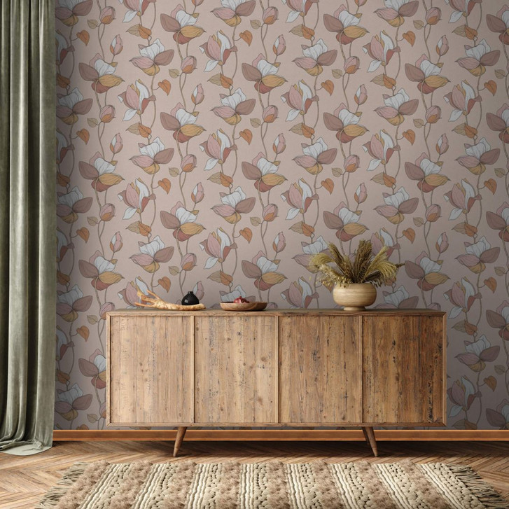 Vliestapete mit Comic-Blumen Look beige, braun Floral - WA451017