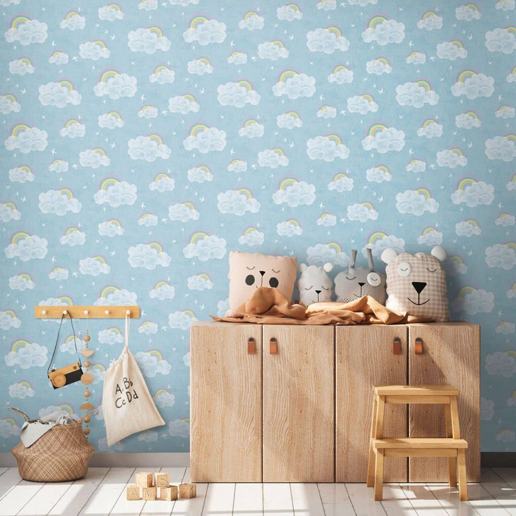 Wolken-Tapete mit Regenbogen Blau Bunt - Kinderzimmer Tapete mit Vögeln - WA465379