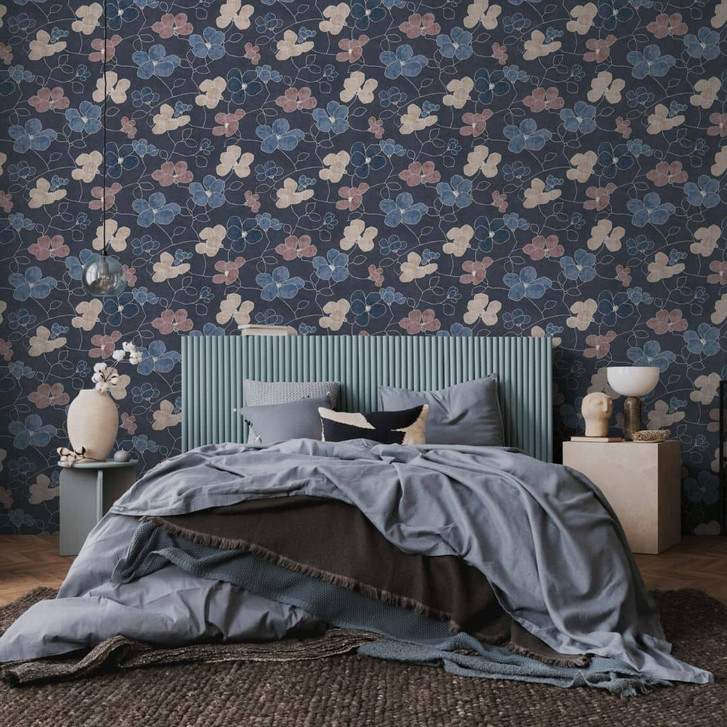Tapete Vlies botanisch - markantes Retro-Muster in Steingrau & Taubenblau - WA506941